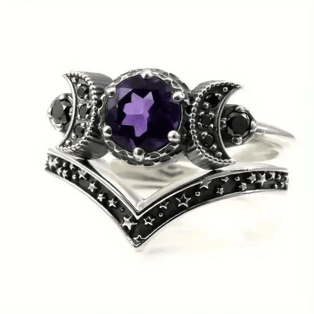 Gothic Universe Moon Star Purple Amethyst Ring Set